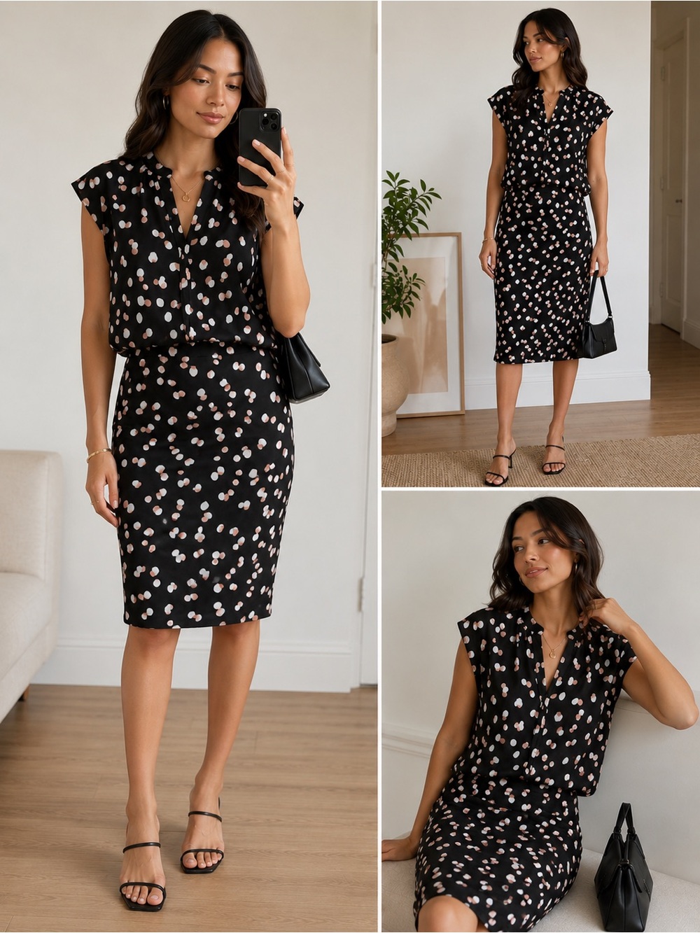 Philosophy Black Polka Dot Cap-Sleeve Blouse Pencil Skirt Set Elegant Business S